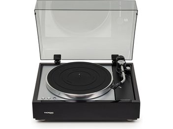 Thorens TD 1600 TP160 platespiller svart, frontvisning, gjennomsiktig lokk hevet, sølvfarget sirkulært tallerken, tonearm til høyre