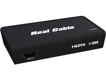 Comutator HDMI 4K 1 intrare către 4 ieșiri Real Cable HD2A113-4K, vedere frontală, carcasă neagră dreptunghiulară cu logo și inscripții albe