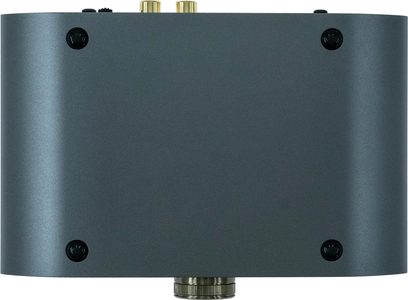 iFi Audio Zen DAC 3 tamsiai pilkos metalizuotos spalvos garso DAC keitiklis, priekinis vaizdas, 4 kojelės, 2 auksiniai rankenėlės viršuje