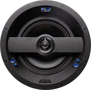 Caixa acústica embutida Russound IC-620, vista frontal, grelha preta com 4 parafusos azuis, alto-falante central prateado