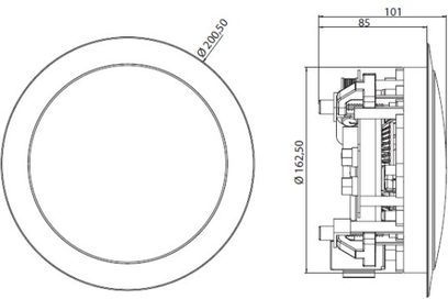 Vestavný stropní reproduktor Focal Custom IC 105, pohled zepředu a z profilu s rozměry, bílá kulatá mřížka