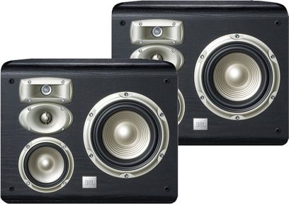 JBL L820 højttalere i sort, set forfra, 2 runde sølvfarvede højttalerenheder pr. højttaler, diskanthøjttaler over bashøjttaler