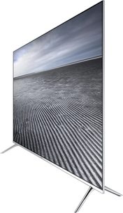 Samsung UE49KS7000 fladskærms-TV, trekvartbagudvendt vinkel, diagonale linjer på skærmen, slankt sølvfarvet rammedesign