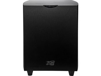 Subwoofer Cabasse Orion negro ébano, vista frontal, forma cúbica, acabado negro mate, logo plateado en la parte inferior derecha