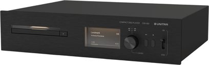 CD-afspiller Unitra CSH-801 i sort, med børstet metalfront, set fra tre kvart forfra, med indlæsningsspalte, skærm, drejeknap og knapper