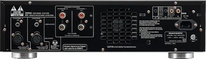 Amplificatore Marantz MM7025, vista posteriore dall'alto, connettori e controlli, finitura nera