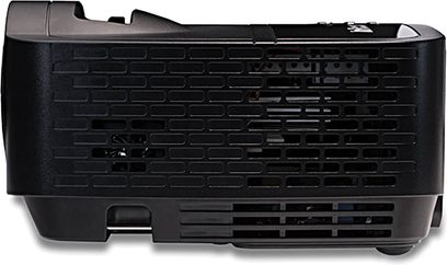 InFocus ScreenPlay SP1080 sort videoprojektor, set forfra, ventilationsgitter, tilslutningsporte, centreret linse