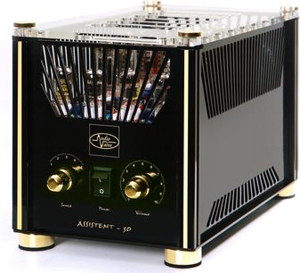 AudioValve Assistent 30 sort hi-fi stereoforstærker, front med knapper, skalaer og elektronrør, close-up forfra