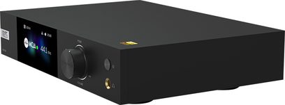 EverSolo DAC-Z8 black audio DAC converter, front panel with blue LCD screen, gold audio buttons and jacks
