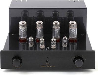PrimaLuna DiaLogue One sort hi-fi stereforstærker, set forfra, 4 vakuumrør, 2 drejeknopper, hovedtelefonstik og indgang