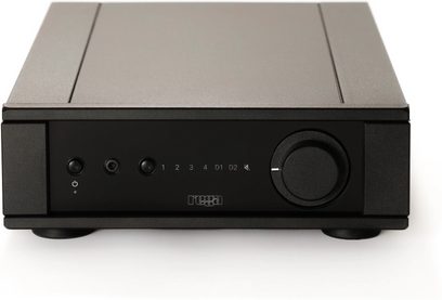 Stereo integrated hi-fi amplifier Rega Brio MK7 with black front panel, 2 circular buttons, 1 jack socket, 6 indicators, and 1 dial