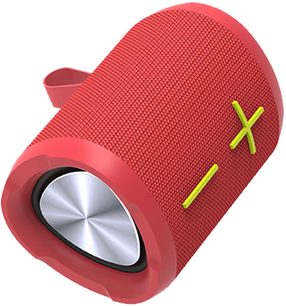 Bluetooth-højttaler Yourban Getone 20 rød, perspektivvisning, cylindrisk form, rødt stof, gule knapper, metalende