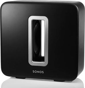 Sonos SUB sort mat, forsideudsigt, rektangulær afrundet form med oval åbning i midten
