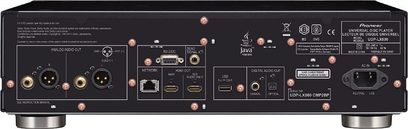 Pioneer UDP-LX800 sort Blu-ray-afspiller, bagside, lyd- og videoforbindelser, USB- og netværksporte, symmetriske XLR-udgange