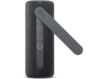 Przenośny głośnik bluetooth Loewe We. HEAR 1 ciemnoszary, widok z przodu, cylindryczny format z bocznym paskiem