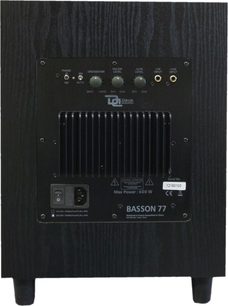 Davis Acoustics Basson 77 sort askebøg subwoofer, frontvisning, kontrolpanel med knapper og indikatorer