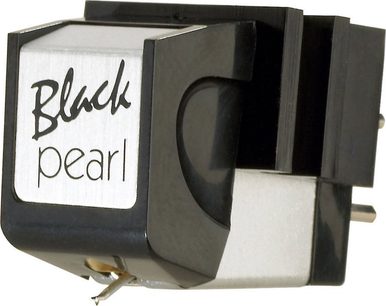 Sumiko Black Pearl pladespillercelle, tæt forfra, mat sort kabinet, hvid etiket "Black Pearl"
