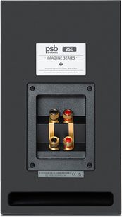 Diffusore da scaffale PSB Imagine B50 nero, vista posteriore con morsetti bi-wiring dorati ed accordo bass reflex rettangolare