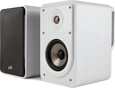 Polk Audio S15e baltų knygų lentynų garsiakalbis, priekinis vaizdas, aukštų dažnių garsiakalbis ir vidutinių-žemų dažnių garsiakalbis, baltas priekinis skydelis
