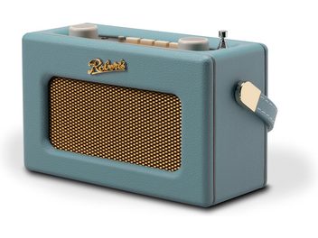 Rádio FM Roberts Revival Uno BT v nebesky modré barvě s texturovanou umělou kůží, zlatým předním mřížkováním, dvěma velkými krémovými tlačítky na vrchní části, barevně sladěným bočním popruhem, pohled z pravého předního tříčtvrtečního úhlu