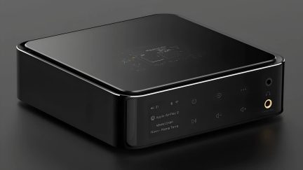 Lettore di rete audio nero compatto con schermo frontale, comandi touch e uscita cuffie jack da 4,4 mm