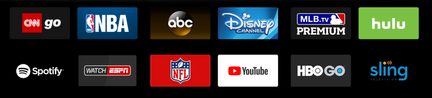 Rektangulære, farvede logoer for CNN go, NBA, abc, Disney Channel, MLB.tv PREMIUM, hulu, Spotify, WatchESPN, NFL, YouTube, HBO GO og sling