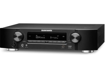 Marantz NR1607 sort home cinema-forstærker set forfra, blåt display, børstet aluminiumsfront, 2 knapper og stik på forsiden