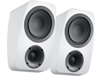 Par Dolby Atmos-højttalere Canton Vento AR 1 i hvid, skråtstillet front med sorte højttalere set i trekvart forfra