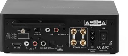 „Tangent Ampster BT III“ stereo hi-fi stiprintuvo galinė dalis, juodas metalinis korpusas, garsiakalbių gnybtai, HDMI ARC, RCA, optinis wejimas