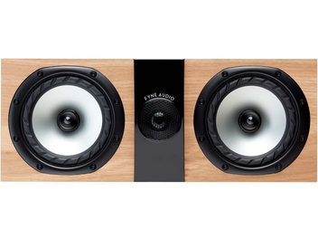 Центральна акустична система Fyne Audio F300LCR світлий дуб, вигляд спереду та ззаду, чорні круглі динаміки, центральний твіттер