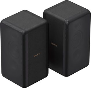 Trådløs tilsluttet højttaler Sony SA-RS3S, sort par, set fra vinkel, to rektangulære enheder, perforerede gitre