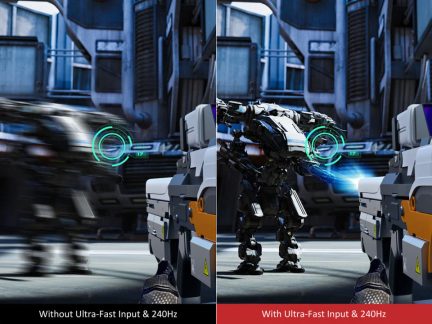 Sort-hvid humanoidt robot set bagfra, med og uden Ultra-Fast Input-behandling, side om side sammenligning