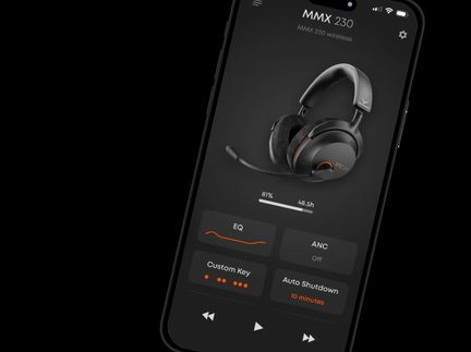 Cască gaming wireless beyerdynamic MMX 230 neagră cu microfon, afișată în aplicația mobilă de reglaje audio