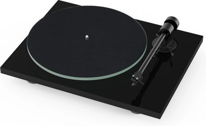 Pro-Ject T1 EVO Phono hi-fi turntable with black circular platter, black tonearm, and glossy black rectangular base