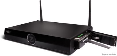 Zappiti Player 4K sort multimedie-netværksafspiller, set forfra, med blankt frontpanel, to Wi-Fi-antenner og en skuffe til højre