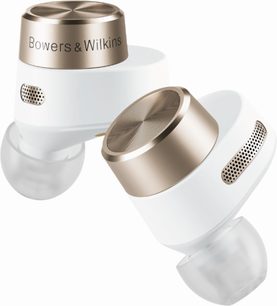 Otevřená hifi sluchátka Bowers & Wilkins PI7 bílá, rozložený pohled z 3/4, kulaté reproduktory, kovový most a mušle