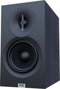 Elac Debut 3.0 DB53 sort højtalerbibliotek, trækasse, 3/4 forfra højre visning, hornhøjtaler, tekstureret woofer