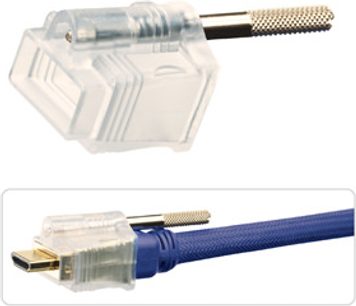 Gennemsigtig og blå plastik HDMI-stiklåsning fra Lindy med HDMI-hanstik og nøglelås