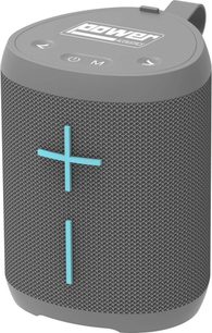 Yourban Getone 20 harmaa bluetooth-kaiutin, kolmen neljänneksen näkymä, verkkopinta, ohjauspainikkeet yläosassa, siniset plus- ja miinussymbolit