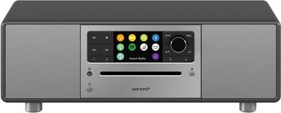 Sonoro Prestige digital radio in matte graphite and silver, rectangular metal housing, color display, round silver buttons