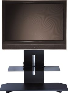 Erard Pratik Evolution 2585 sort TV-møbel med fladskærmsbeslag, glashylde og kabelbakke, set forfra