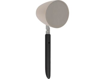 CLG-Spike R luidsprekerstandaard met zwarte cilindrische steun, beige gekantelde kop, geperforeerd rond rooster, vooraanzicht
