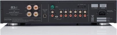 Stereo integreret forstærker M3si Musical Fidelity set bagfra med RCA-stik, USB, højttalerterminaler og strømstik