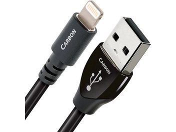 Cablu USB Audioquest Carbon USB A către Lightning 1,5m, conectori gri închis și negri, vedere frontală și laterală