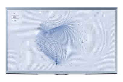 Samsung The Serif TV-skærm, der viser et abstrakt mønster af bølgede blå linjer på en hvid baggrund