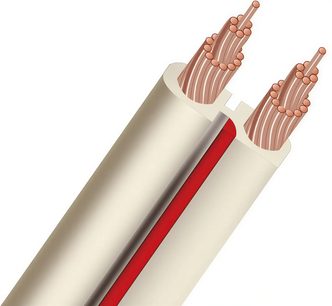 Audioquest X2 broken white speaker cable, transparent jacket revealing two round copper conductors