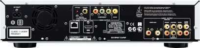 Onkyo BD-SP807 4K Blu-ray-afspiller set forfra med audio/video-stik, Ethernet-port, USB-port og frontdisplay