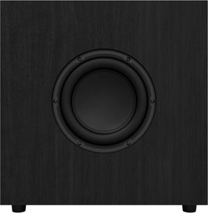Klipsch Promedia Lumina 2.1 subwoofer i sort, træfront med central cirkulær højttaler set forfra