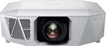 Epson EH-QL7000 witte projector, vooraanzicht, centrale lens, ventilatieroosters links, knoppen rechts