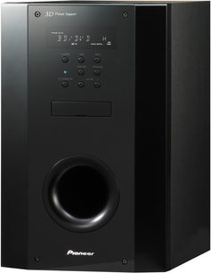 Sort Pioneer-højttaler, set forfra, blå LED-skærm "3D Picture Support", drejeknap og frontal bass-reflex-port